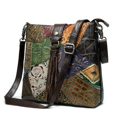 Ethnic style leather stitching ladies bag